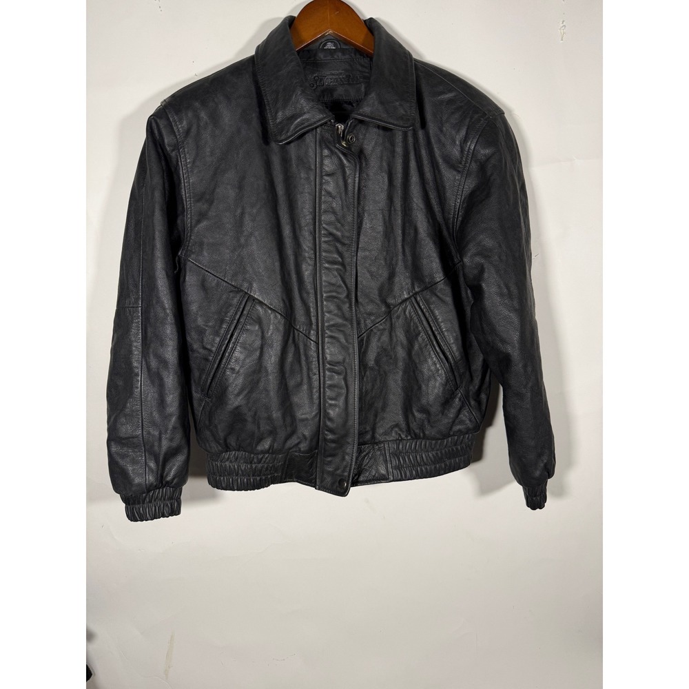 St Johns Bay Mens Black Leather Bomber Jacket Small Full Zip Quilted Lined